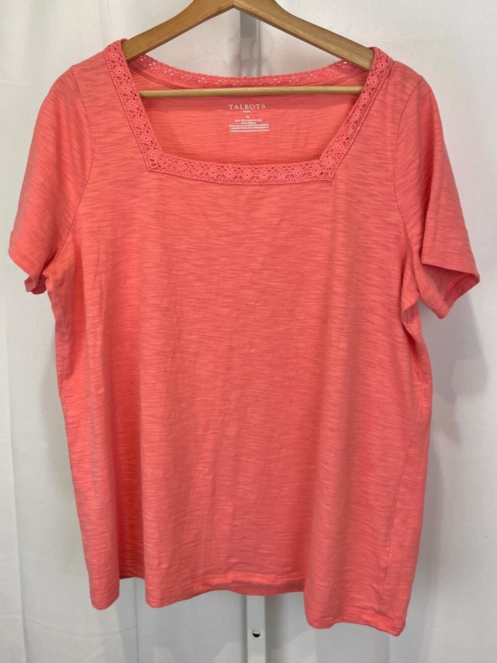 TALBOTS Crochet Square Neck Short Sleeve Top Cotton Modal Coral Pink 1X Plus